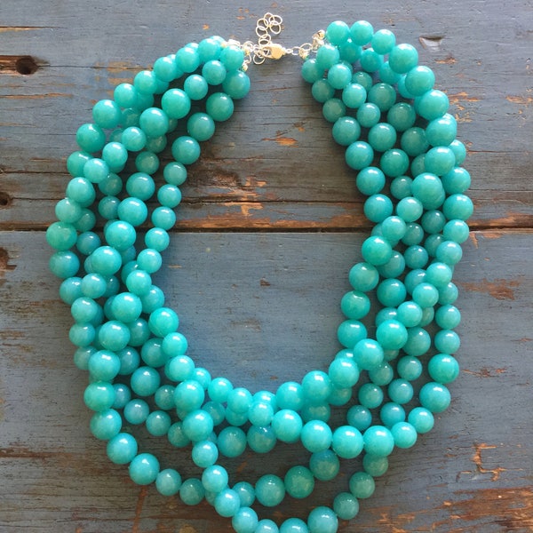 Turquoise Lucite Beaded Statement Necklace | Vintage Acrylic Sylvie Multi Strand Art Jewelry