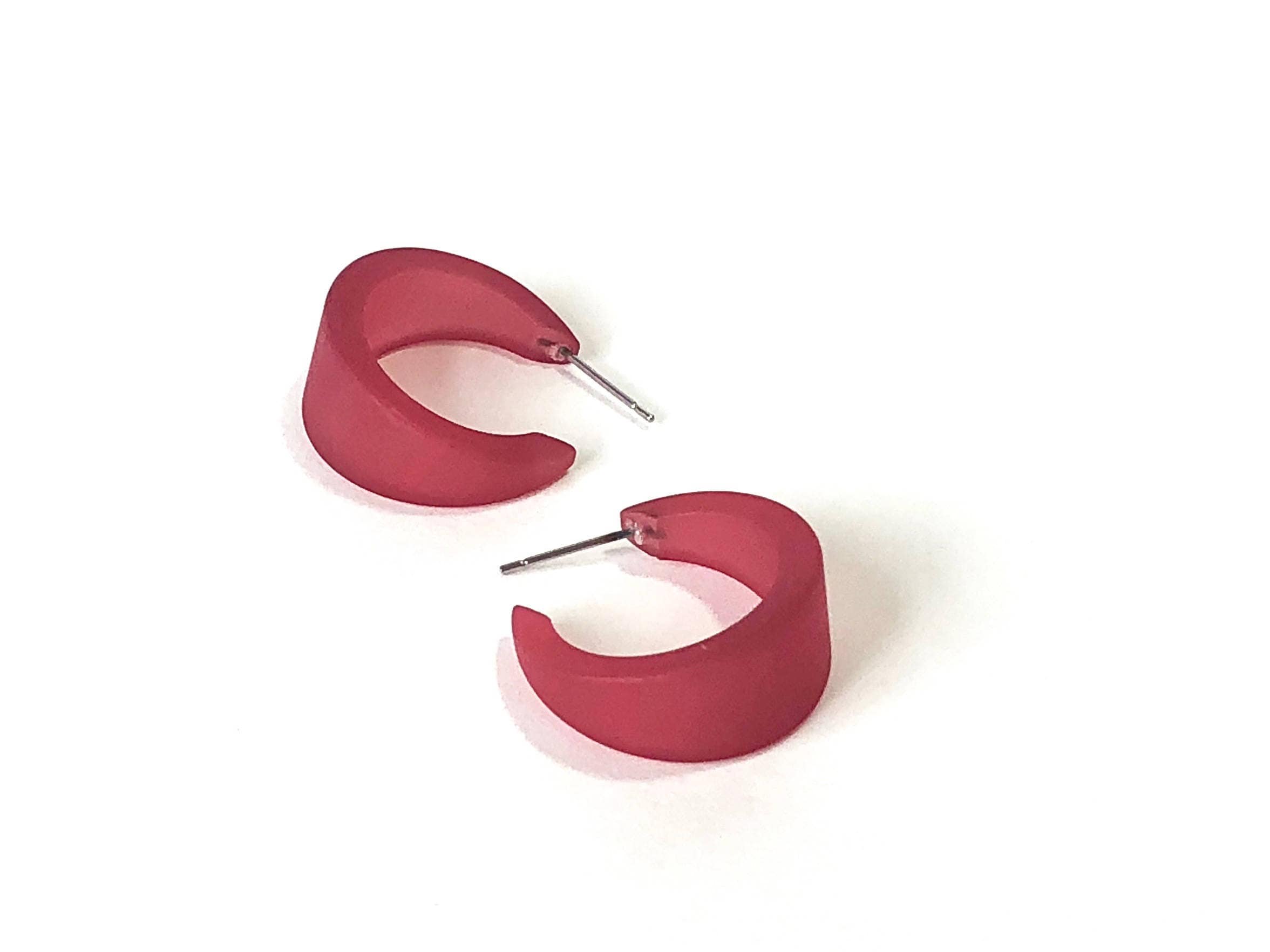 Cranberry Red Small Hoop Earrings | The Small Marilyn Hoop | frosted lucite hand made with vintage goods