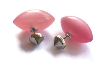 Double Sided Earrings - vintage lucite moonglow studs - Metallic Pewter Bullet & Lilac Pink Pod Bead Backings