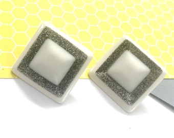 White Sparkle Square Stud Earrings | Made with Vintage Resin