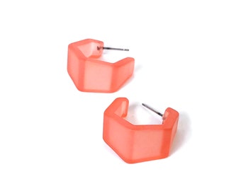 Coral Hexagon Geo Hoop Earrings | Frosted Lucite Hoops Hand Dyed and Made with Vintage Plastics | Leetie Lovendale