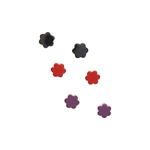 May include: Set of six flower-shaped stud earrings in black, red, and purple.