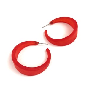 Light Cherry Red Frosted Hoop Earrings | Vintage Frosted Lucite Big Tapered Emily Hoops