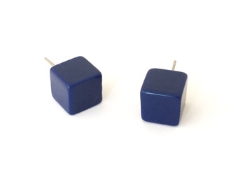 Navy Blue Midi Cube Stud Earrings | Blue Studs | Navy Blue Cube Post Earrings | vintage lucite square stud post earrings