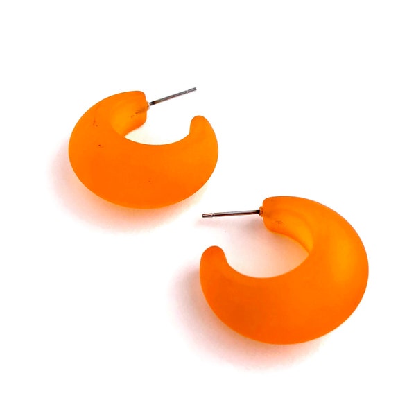 Orange Frosted Lucite Chunky Snail Shell Hoop Earrings