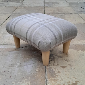 Handcrafted Beige Check Footstool with Wooden Legs - home office Design