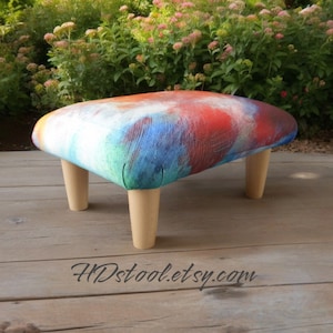 Handcrafted Art Lover&#39;s Footstool with Wooden Legs - One-of-a-Kind Design