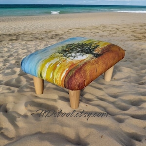 One-of-a-Kind Art Lover&#39;s Footstool with Wooden Legs and Unique Print Pear Three in Countryfield - Unique Home Decor