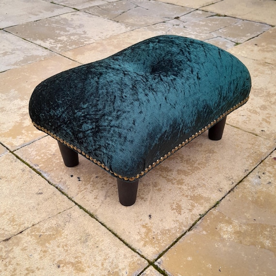 Small Green Crushed Velvet Footstool: Studded Ottoman, Wooden Legs