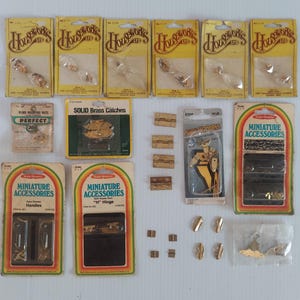 Vintage Dollhouse Miniature Hardware Lot – Brass Hinges, Handles, Latches, Accessories by Houseworks & Realife (Packs + Loose Parts)