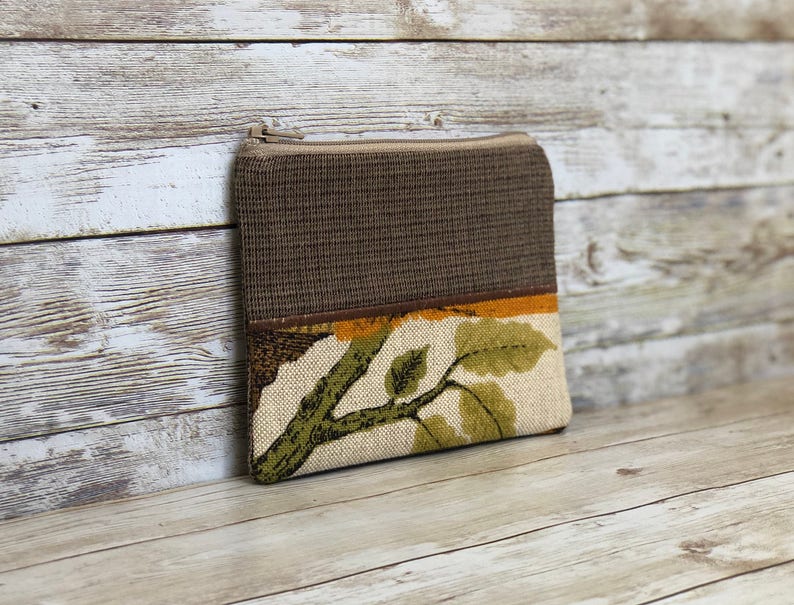 coin pouch zippered coin pouch upcycled bag coin purse green leaves change purse zipper change purse small zipper pouch