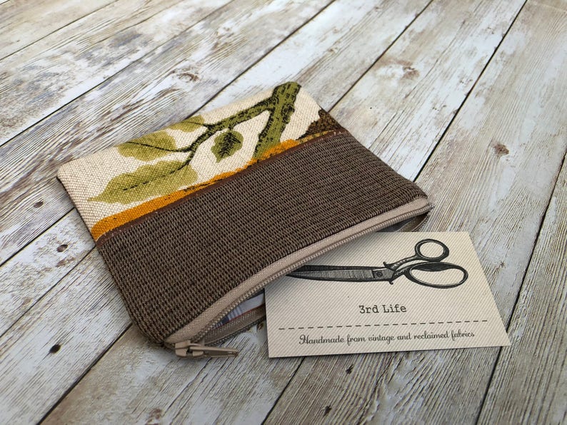 coin pouch zippered coin pouch upcycled bag coin purse green leaves change purse zipper change purse small zipper pouch