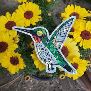 Pegatina troquelada holográfica de colibrí