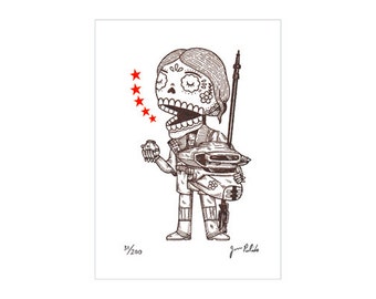 Unmasked Leia Boushh Calavera Limited Edition Gocco Screenprint Day of the Dead Art