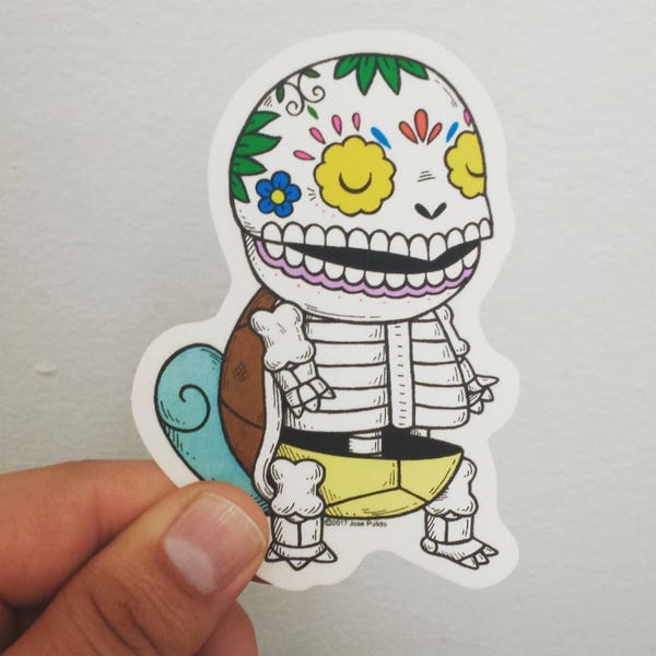 Squirtle Calavera Clear Die-cut Vinyl Sticker Day of the Dead