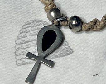Vintage Egyptian Ankh Silver-Tone and Black Pendant Necklace