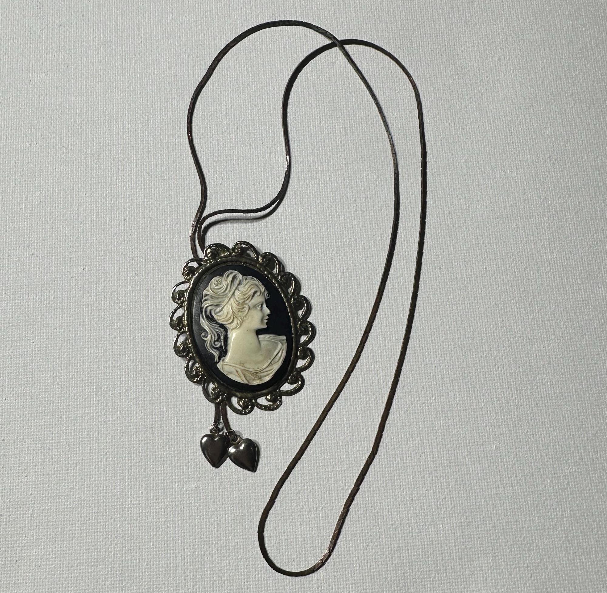 Vintage Cameo Black and Silver Necklace with Hearts