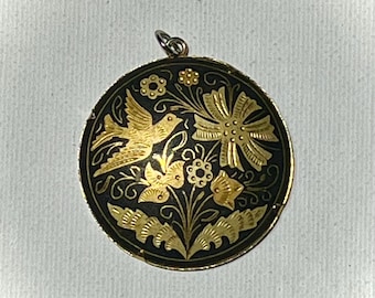 Vintage Japanese Damascene Pendant; Birds and Flowers