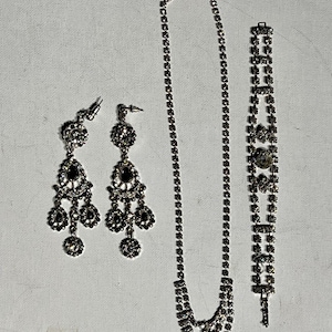 Vintage Necklace, Earrings, and Bracelet Jewelry Set- Vintage Costume Rhinestone and Gemstone Jewelry