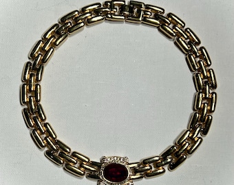 Vintage Gold Tone and Red Stone Rare Givenchy Choker Necklace