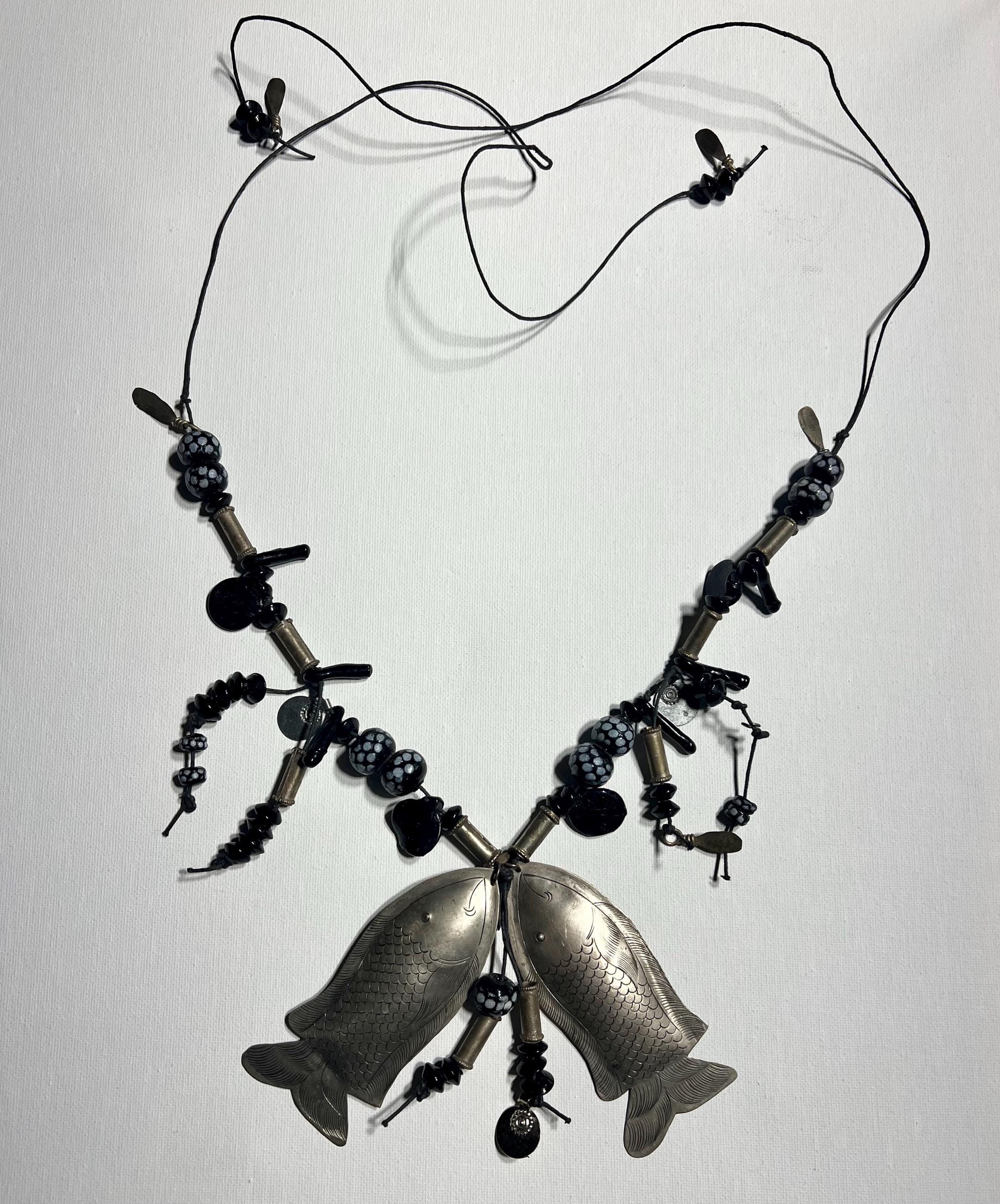 Southwest Native Tribal Long Silver Tone Fish Charms Art Deco Necklace