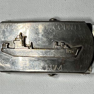 Vintage Metal “USS Grant County” Navy Belt Buckle Military Ship LST - 1174