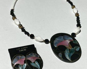 Vintage Lee Sands Necklace and Earrings Shell Inlay Set
