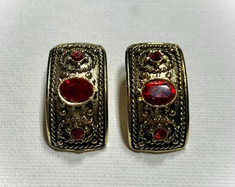 Vintage Gold tone and Red Jewel Clip-On Earrings