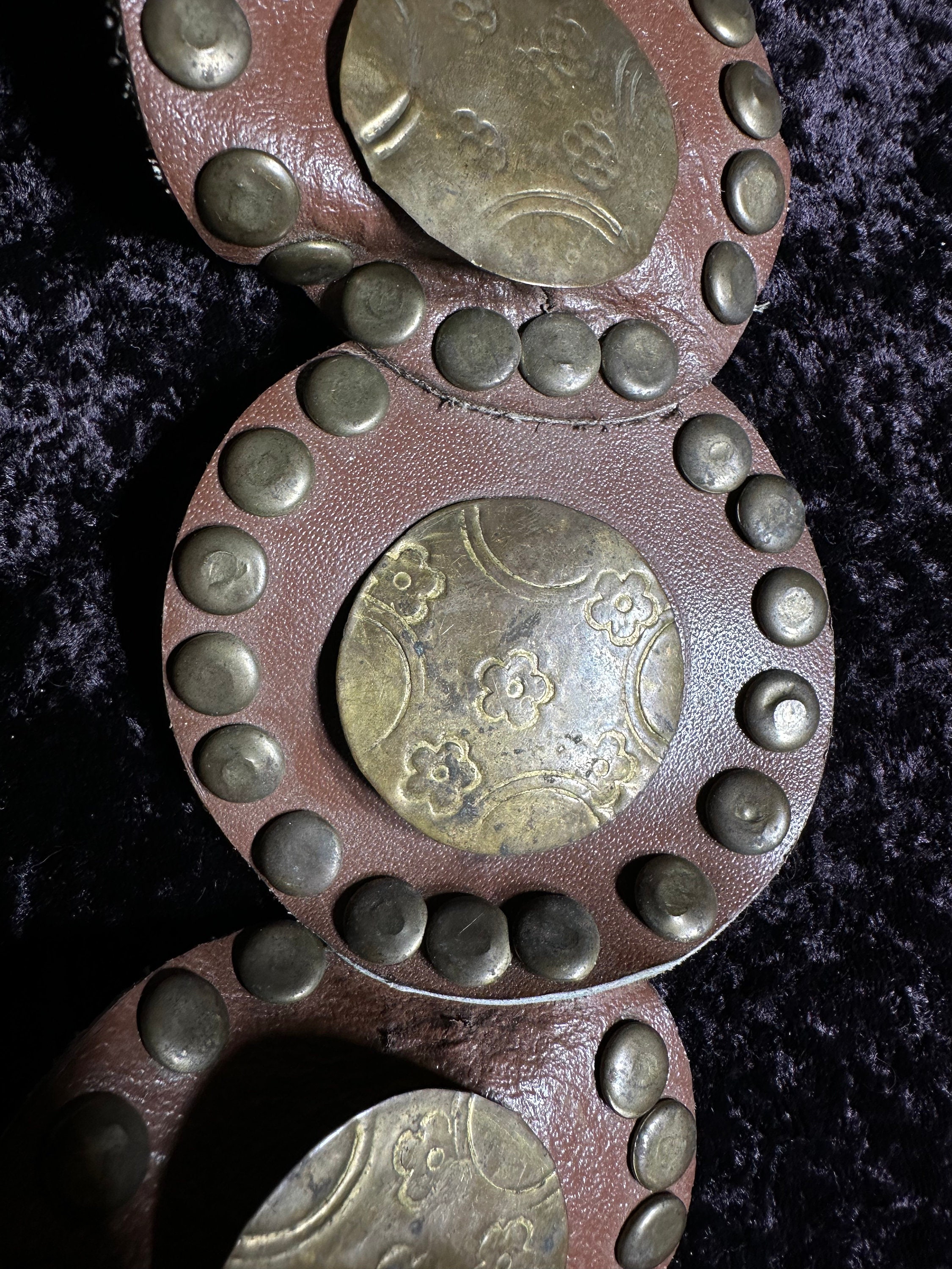 Bohemian Leather Belt Features Ornate Round Brass Buckle Gold-Tone Brass Discs 3 1/2 main image 3