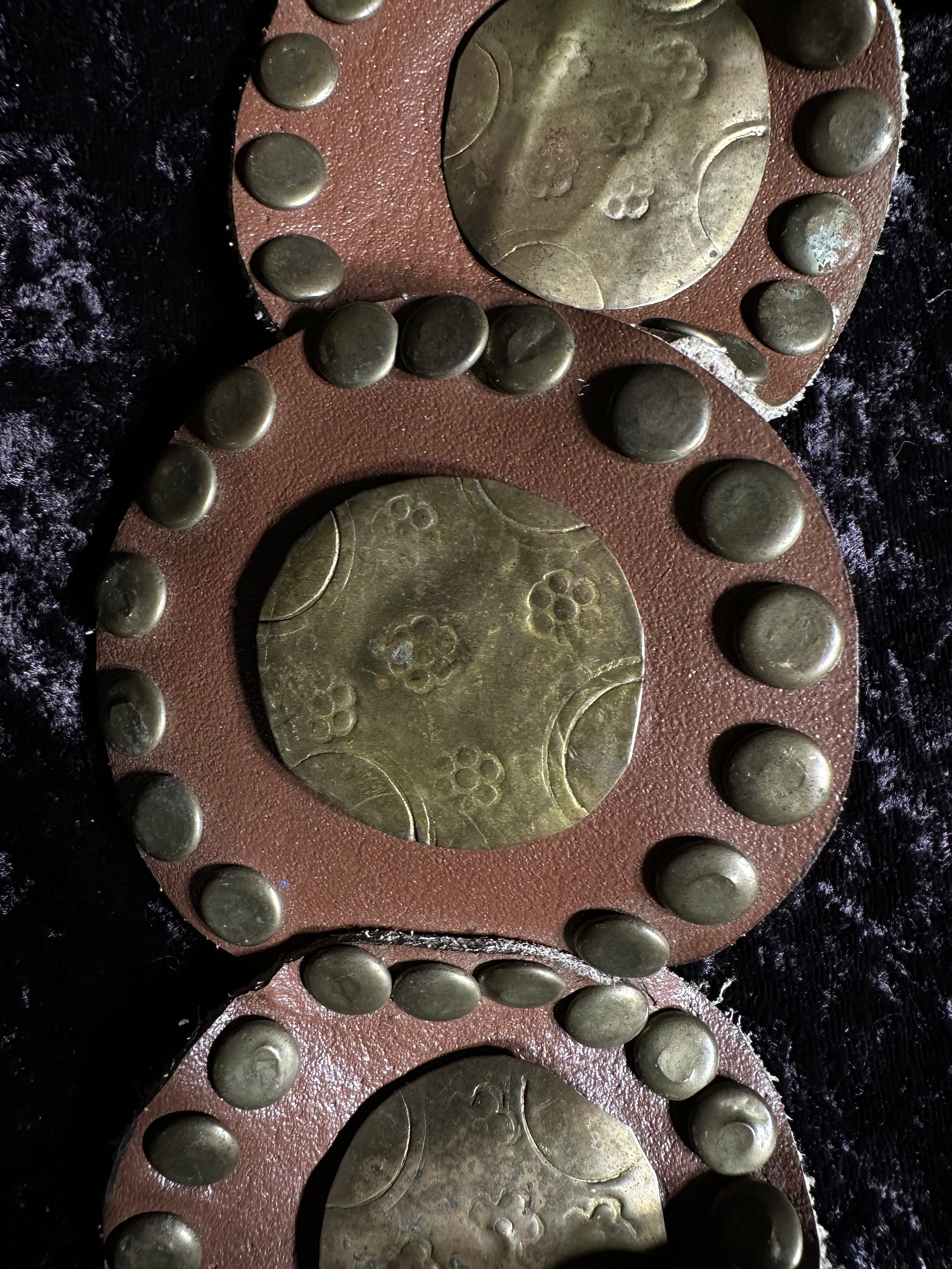 Bohemian Leather Belt Features Ornate Round Brass Buckle Gold-Tone Brass Discs 3 1/2 main image 4
