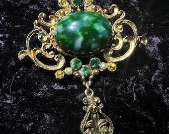Vintage Gold-Tone Brooch Pin with White and Green Gemstones and Pearls
