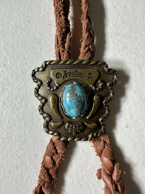 Vintage Metal Bolo Tie: Brass with Turquoise Ston… - image 2