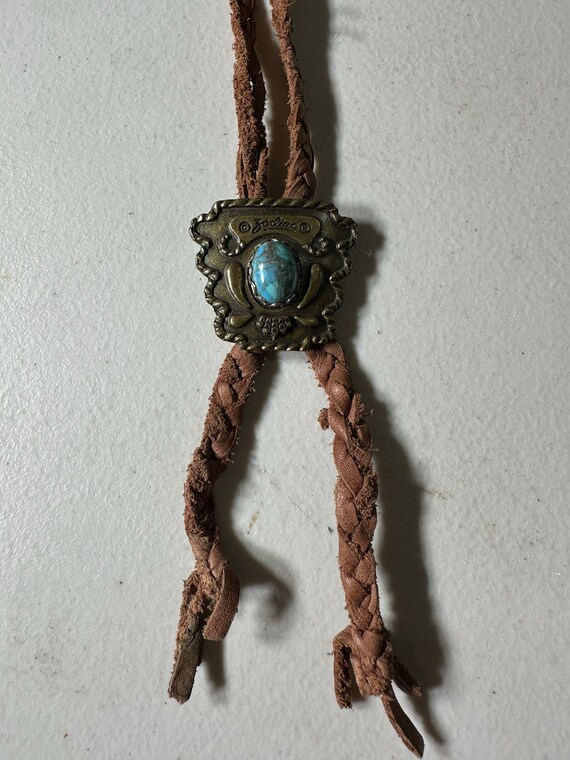 Vintage Metal Bolo Tie: Brass with Turquoise Ston… - image 1
