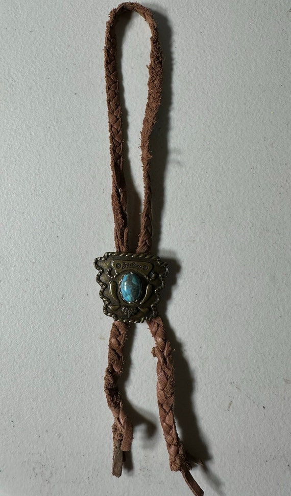 Vintage Metal Bolo Tie: Brass with Turquoise Ston… - image 4