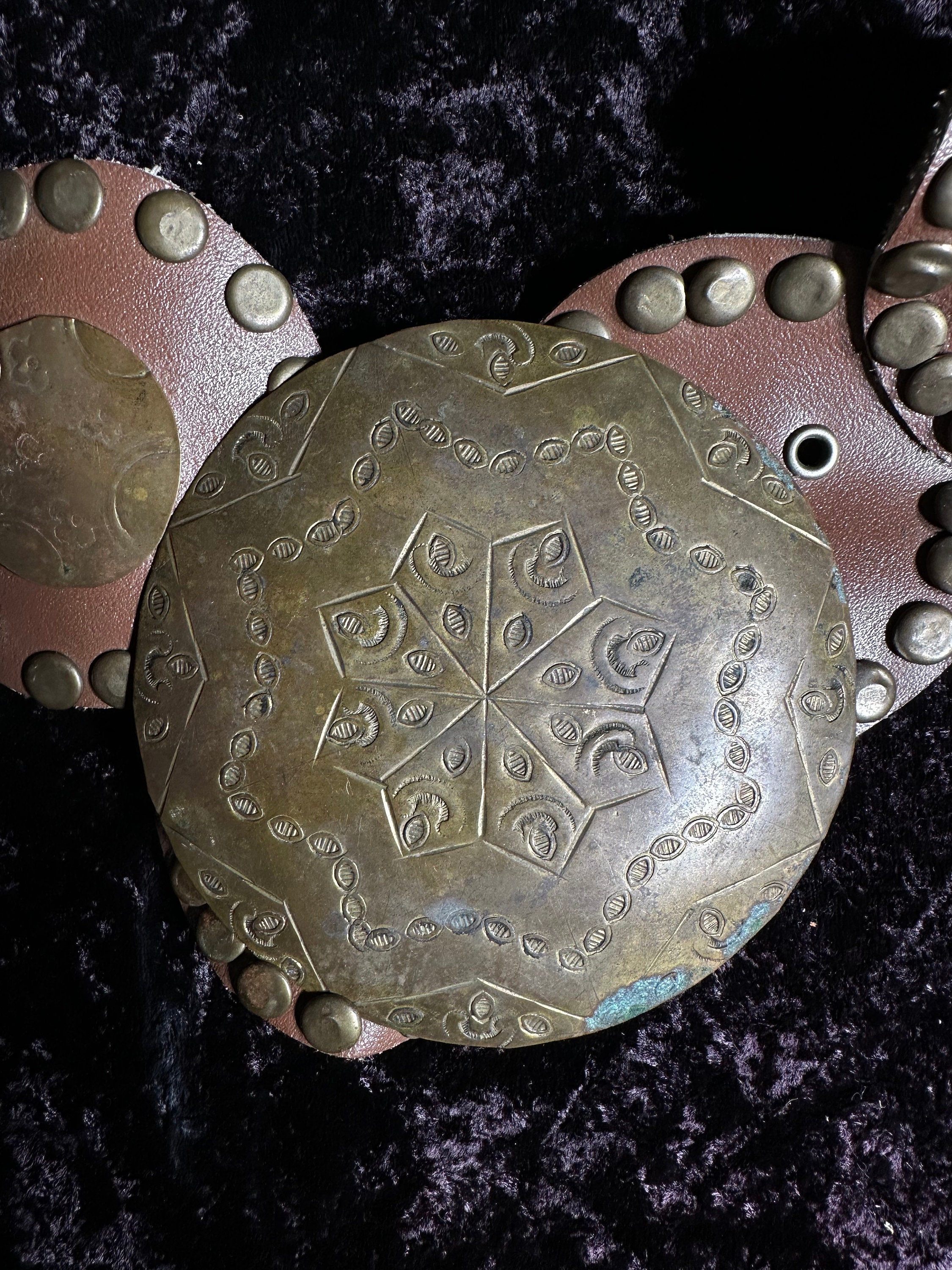 Bohemian Leather Belt Features Ornate Round Brass Buckle Gold-Tone Brass Discs Bohemian Leather Belt With Ornate Round Brass Buckle - Etsy main image 3