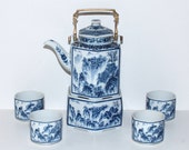 Vintage Imari Japanese Octagonal Porcelain Tea Set, Tea Cups Tea Stand Teapot, Tea Ceremony, Blue White, Asian Landscape, Oriental