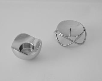 Danish Modern Georg Jensen Denmark Stainless Steel Candle Holders, Pair