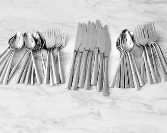 Vintage Mid Century Modern Stainless Flatware Set: Glamour Pattern, 42-Piece