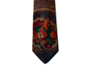Vintage Leonard Paris Silk Necktie, Dark Floral Twill Tie