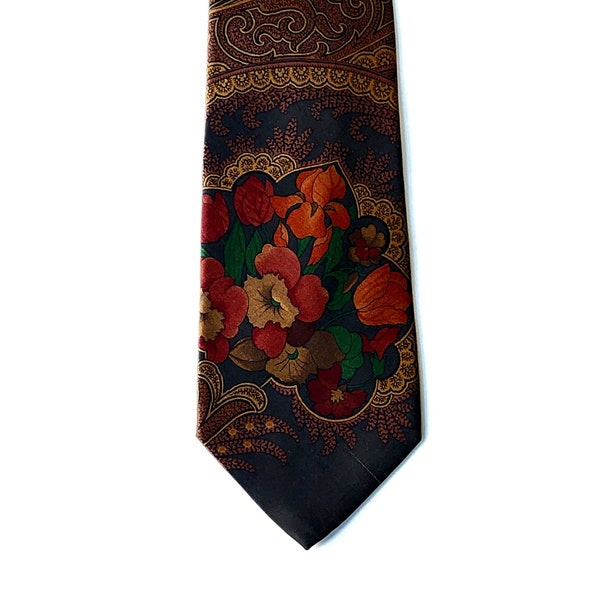 Vintage Leonard Paris Silk Necktie, Dark Floral Twill Tie