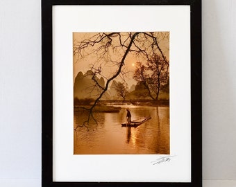 Vintage Don Hong Oai Photograph: Chinese Landscape with Raft, Signed 1984