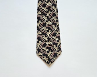Vintage Mens Silk Necktie Pegasus Patern Winged Horse Pattern Black Tan Red