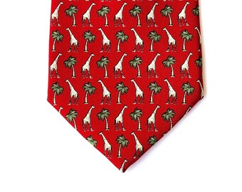 Vintage Brooks Brothers Silk Tie, Red Giraffe & Palm Print, Made in Italy