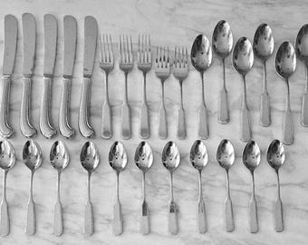 Vintage Oxford Hall Coppelia Pattern Stainless Steel Flatware, Odd Set of 26