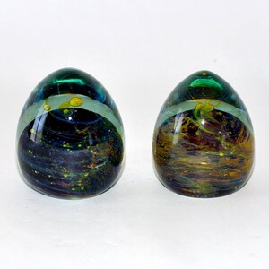 Mid Century Modern Michael Harris Mdina Glass Paperweights, Pair, Maltese Art Glass Egg Shaped Sculptures Paperweights, Signed