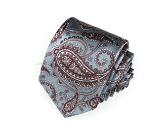 Brioni Paisley Silk Tie Men's Necktie Pink Burgundy Pattern on Silver Blue Background