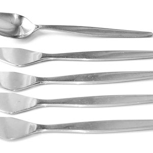 Vintage Gense Focus Sweden Stainless Steel Flatware Silverware Teaspoon & Flat Handle Butter Spreaders, Odd Set of 5
