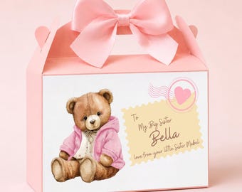 Personalised Big Sister Gift Box, New Baby Announcement Present From Baby, Pink Teddy Sibling Surprise Box, Big Sister To Be Keepsake