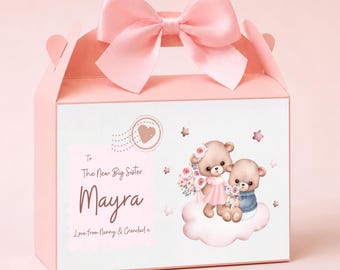 Personalised Big Sister Gift Box, Teddy Bear Treat Box, New Baby Announcement Present From Baby, Sibling Surprise Party Favour Box With Bow