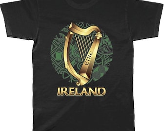 Celtic Harp, Ireland, Black t-shirt, Gold harp on a Green Celtic design
